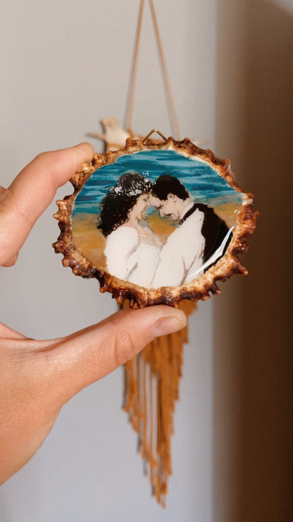 wedding photo painted on antler slice