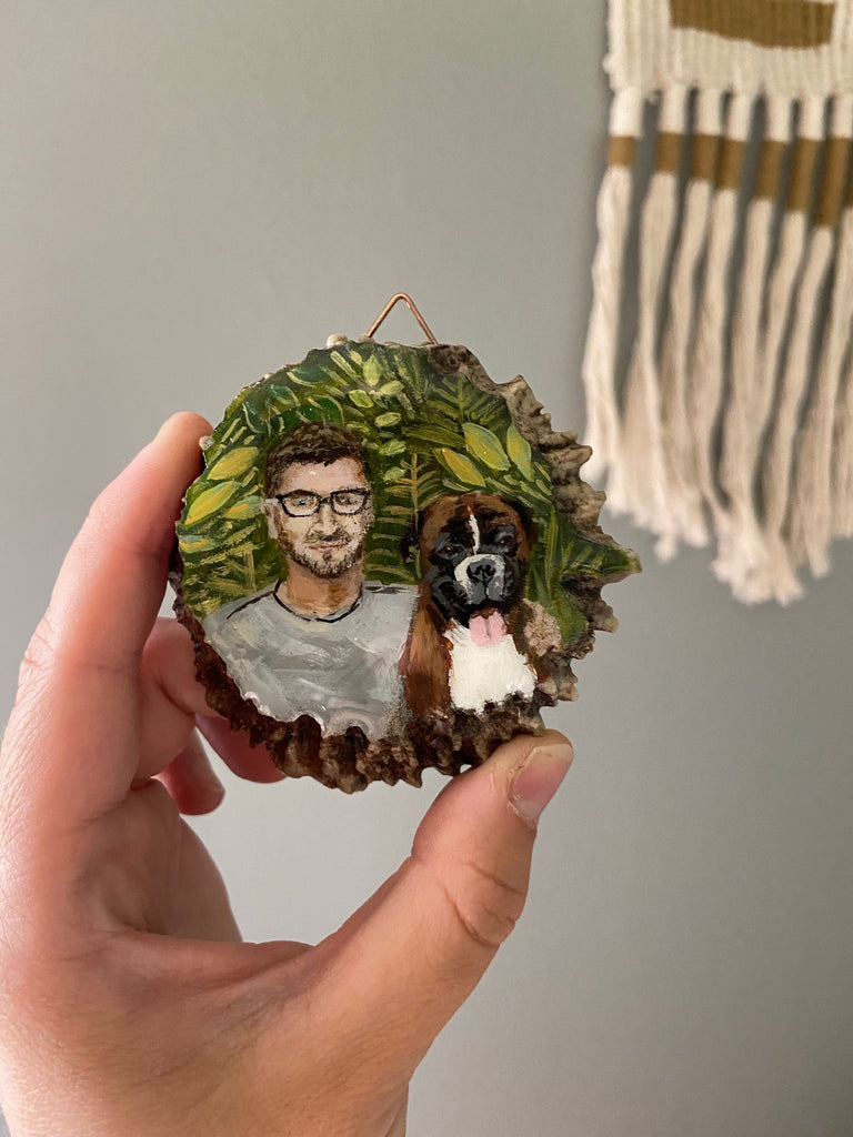 Dogdad and boxer portrait handpainted on antler slice